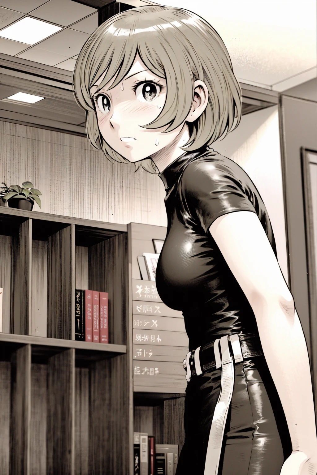 、(masterpiece、Highest quality)、Highest quality, Ultra-high resolution, (((masterpiece))), alone, Sweat、Big eyes,Tight black shirt、Tight white pants、belt、indoor、Composition from the front、（Cut the back hair short、short hair、blonde、woman）、Shortcuts、Embarrassed face、Cut your hair short、可愛いwomanの子、Big Breasts、office