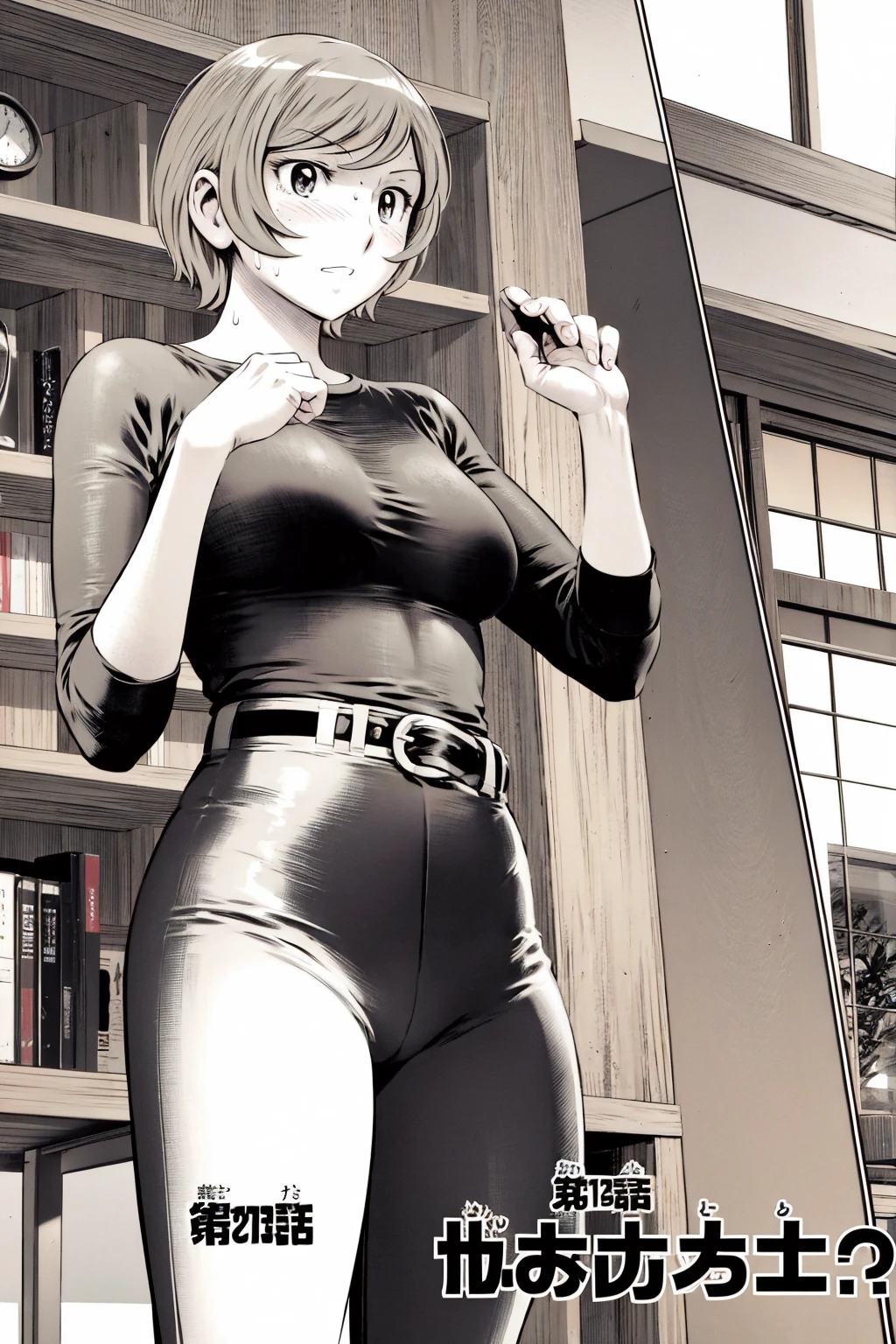 、(masterpiece、Highest quality)、Highest quality, Ultra-high resolution, (((masterpiece))), alone, Sweat、Big eyes,Tight black shirt、Tight white pants、belt、indoor、Composition from the front、（Cut the back hair short、short hair、blonde、woman）、Shortcuts、Embarrassed face、Cut your hair short、可愛いwomanの子、Big Breasts、office