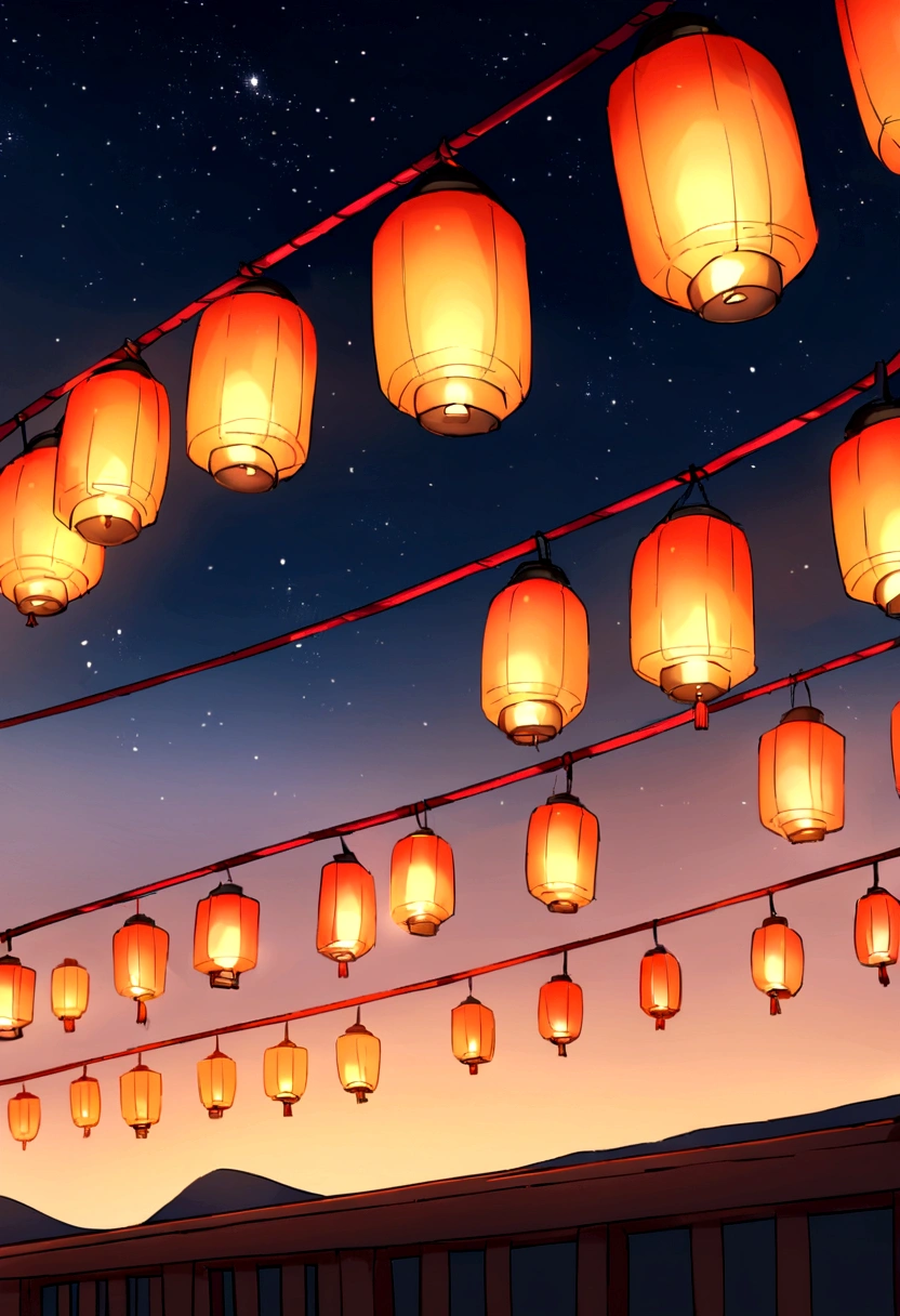 Summer festival、Japan、Lantern、Starry Sky、Increase the proportion of sky、No people、Lanternの数を少なく
