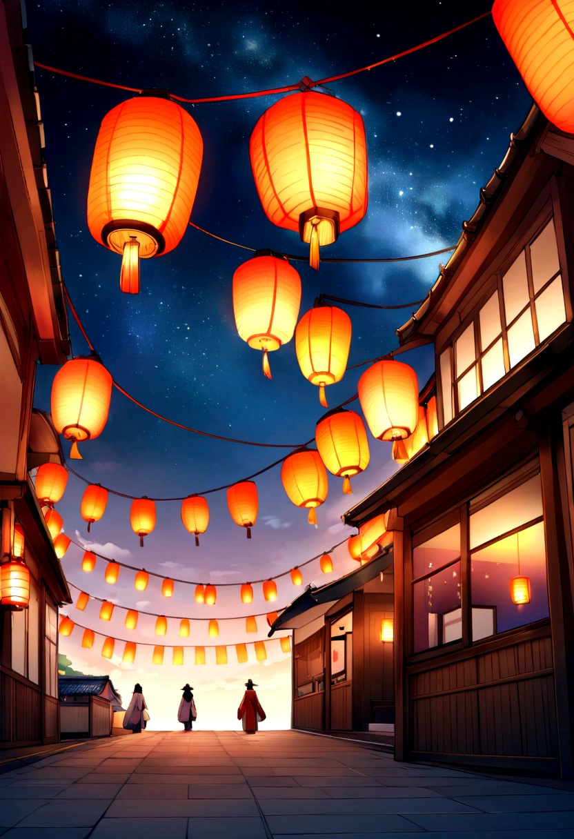 Summer festival、Japan、Lantern、Starry Sky、Increase the proportion of sky、No people、Lanternの数を少なく