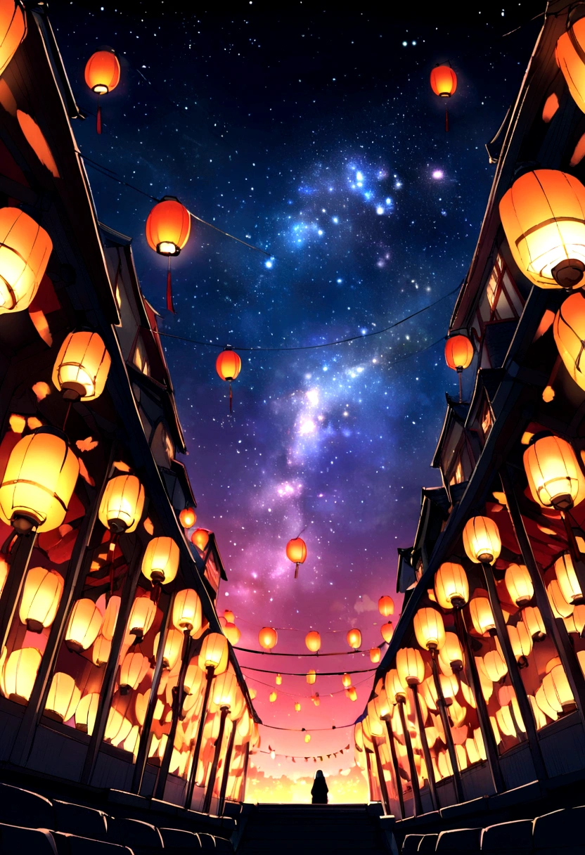 Summer festival、Japan、Lantern、Starry Sky、Increase the proportion of sky、No people、Lanternの数を少なく