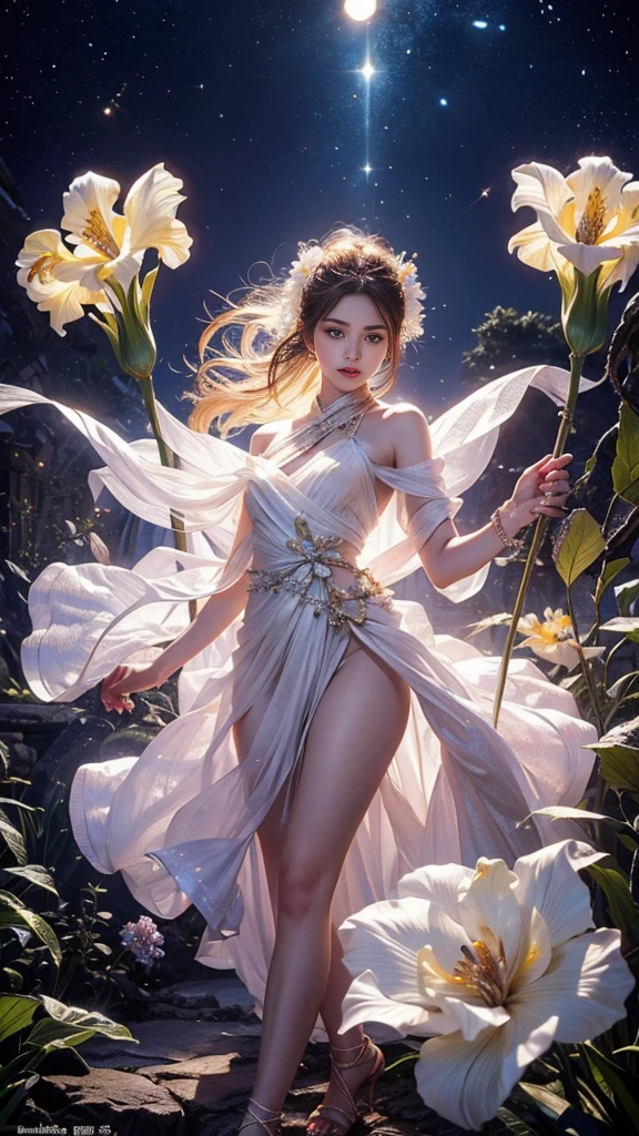 Full figure, 1 girl, -clinging shooting, 18 years old, white firefly clothes, strap clothes, glowing clothes, ornaments, exquisite faces, details, hands, ultimate details, amazing magnificence, Pedaipan style, fiber hair, glowing white iris, ((glowing flower)),