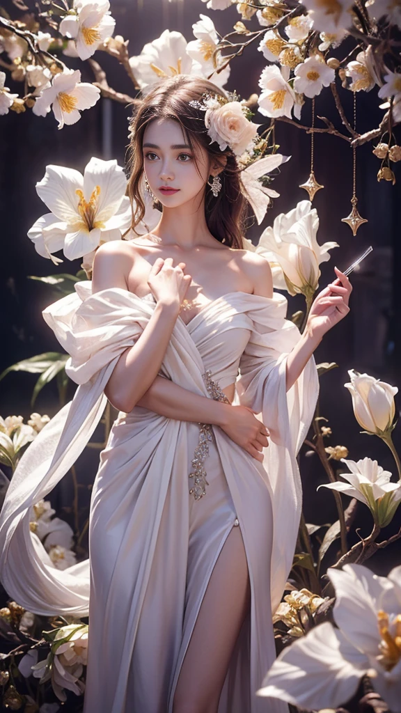 Full figure, 1 girl, -clinging shooting, 18 years old, white firefly clothes, strap clothes, glowing clothes, ornaments, exquisite faces, details, hands, ultimate details, amazing magnificence, Pedaipan style, fiber hair, glowing white iris, ((glowing flower)),
