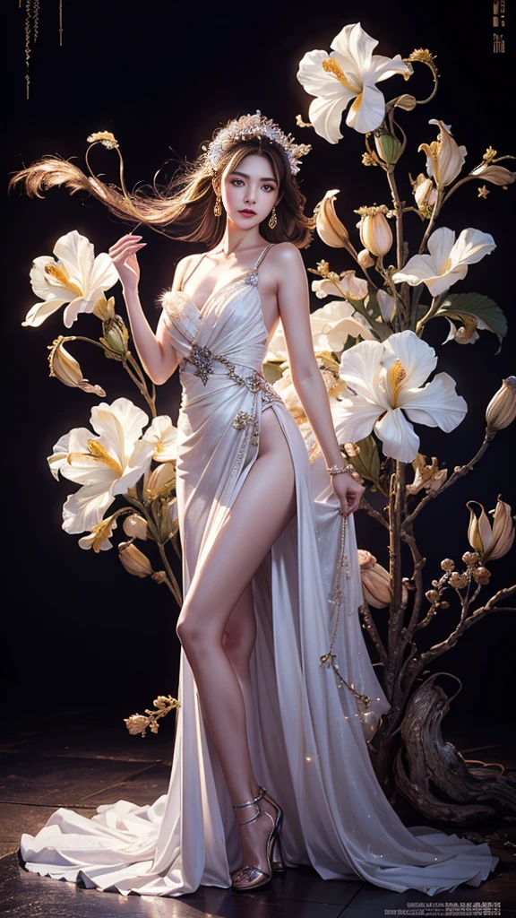 Full figure, 1 girl, -clinging shooting, 18 years old, white firefly clothes, strap clothes, glowing clothes, ornaments, exquisite faces, details, hands, ultimate details, amazing magnificence, Pedaipan style, fiber hair, glowing white iris, ((glowing flower)),