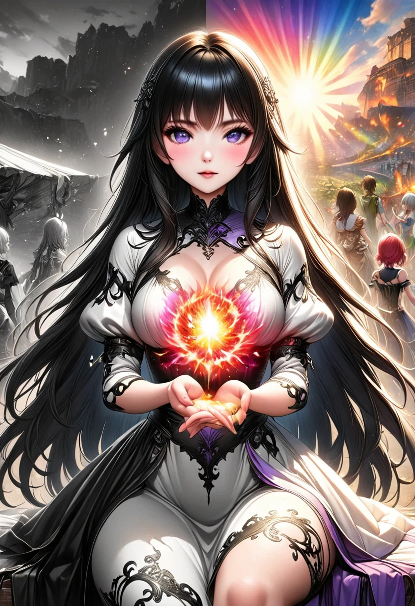 Anime girl sitting on a chair,Magic in the hand, Alchemy Girl, Light novel cover, Official Art, 史诗Light novel cover艺术, Official Artwork, epic Light novel cover, Change, A different world, Change, Kushat krenz, Kushat, Kushat krenz key art feminine, Shadowverse Style, Moe,The artwork should transition from a black and white pencil sketch style on the left half to bright colors on the right half, Ensure seamless integration of the two halves,No dividing line, The scenes on both sides are exactly the same, Detailed black and white pencil strokes on the left,The right side is filled with color, Creating Fusion