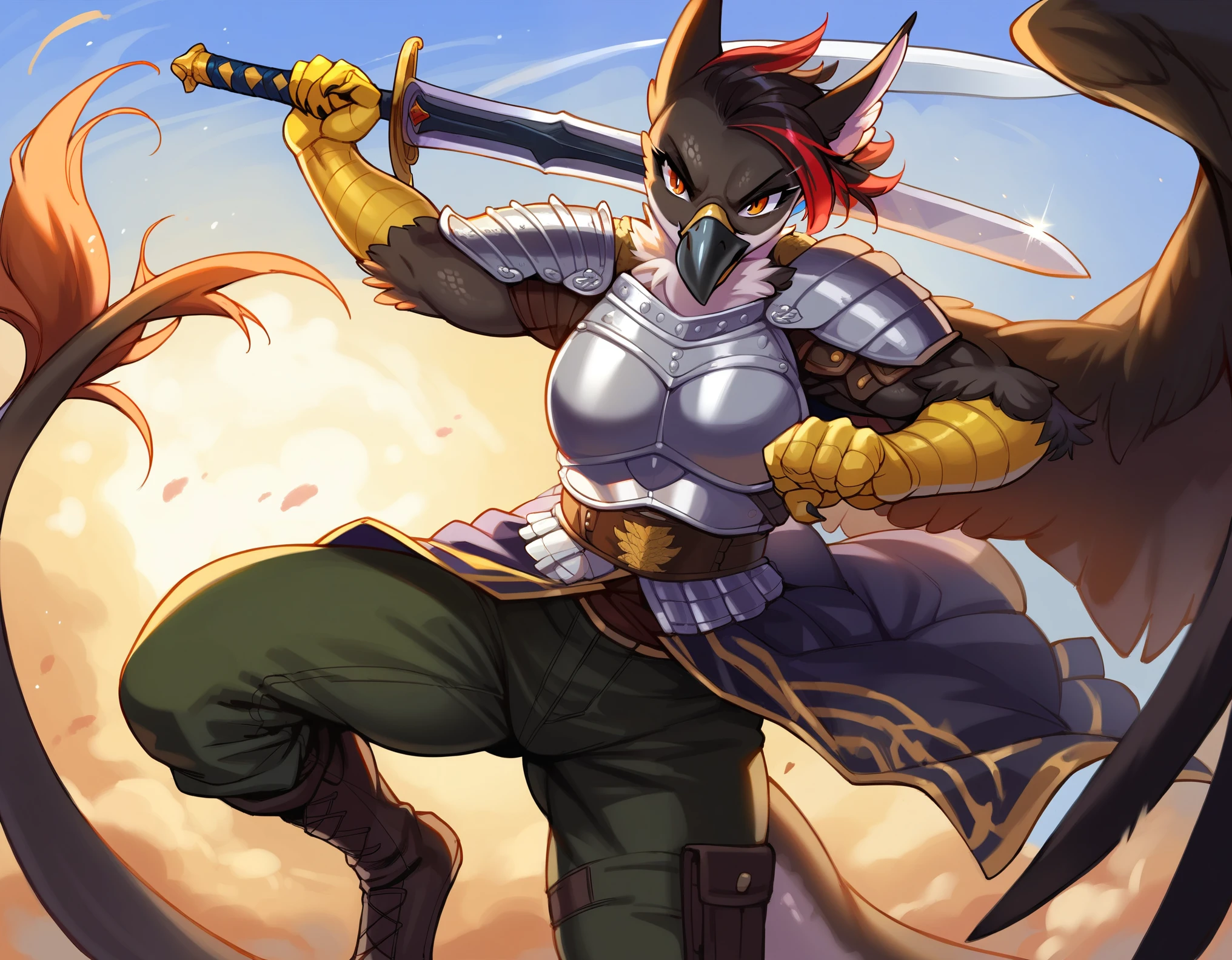 score_9_up, ((adult)), (gryphon:1.2), (solo, female, dragon scales, black scales), with Center parted shoulder length hairstyle, (wearing military armor, pants), (holding weapon, sword), action pose, show legs, scene background