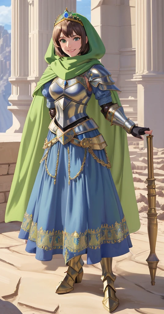 masterpiece, best quality:1.2), 1girl, smile, looking at viewer, green eyes, short brown hair, princess, armor, blue hijab headscarf, pauldrons, armored dress, green cloak cape, wearing puffy blue ballgown skirt, golden tiara with green gem, armored boots, fingerless gloves, standing in front of desert castle