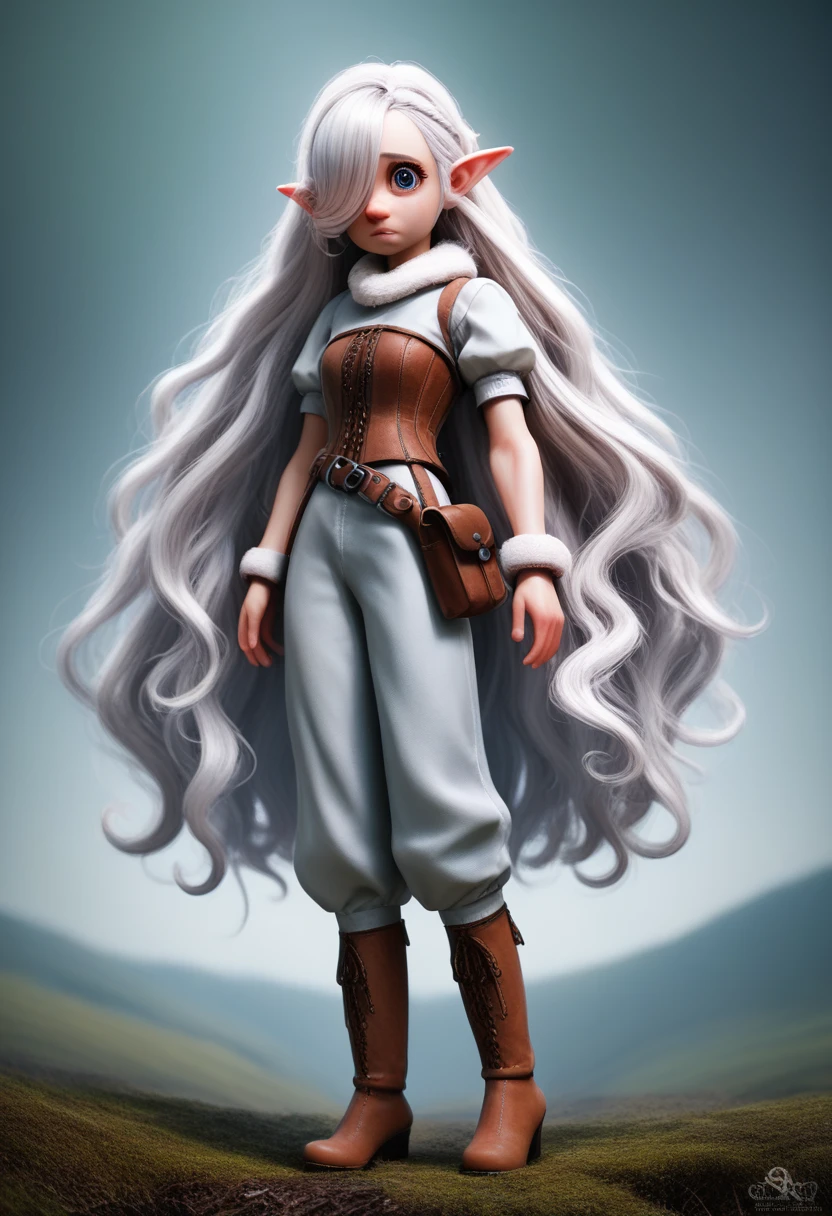 a small gnome girl with pale skin, very long wavy silver hair covering one eye, bright blue anime-style eyes with long lashes, wearing a corset, white puffy long sleeved shirt, and puffy cloth pants, leather bound boots, set in a windy fantasy landscape, (best quality, 4k, 8k, highres, masterpiece :1.2),ultra-detailed,dungeons and dragons, long elf ears, detailed skin and cloth textures, cute detailed face, intricate details, extremely detailed, 1girl, dynamic pose with hair covering one eye, shy personality, puffy cloth pants with leather belt, detailed privateer outfit, detailed buccaneer outfit, pouch on belt, wearing ornate leather armor with fur trim, silver inlay detail, wearing fur trimmed boots, wearing fur trimmed gloves, short, short height, halfing girl, small girl, very long detailed flowing hair, big head, big round eyes, windy, wind blown hair, wirey muscles, fighter, dynamic angle, kineticist, pathfinder, pathfinder kineticist, wind kineticist, pouty lips