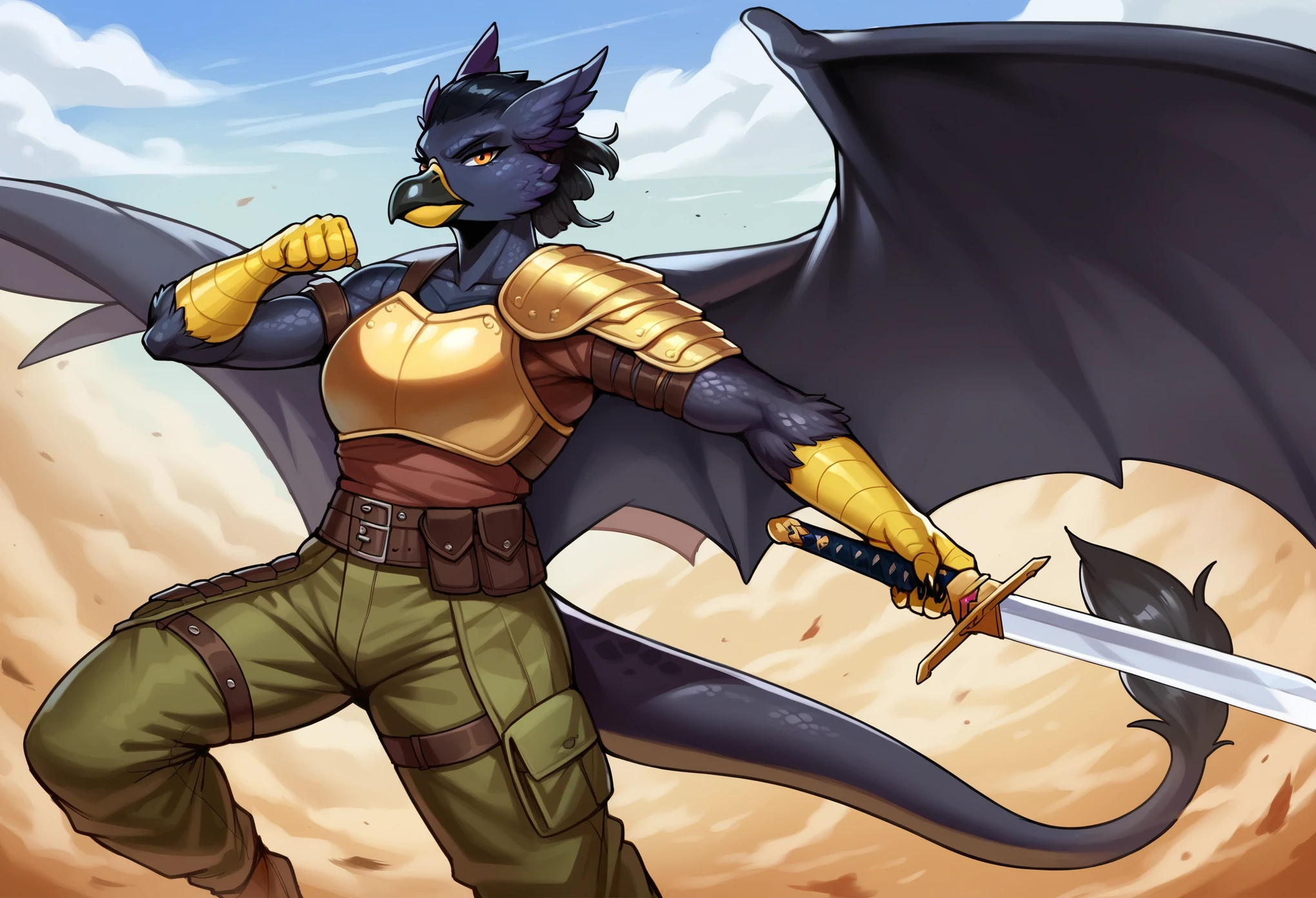 score_9_up, ((adult)), (gryphon:1.2), (solo, female, dragon scales, black scales), with Center parted shoulder length hairstyle, (wearing military armor, pants), (holding weapon, sword), action pose, show legs, scene background