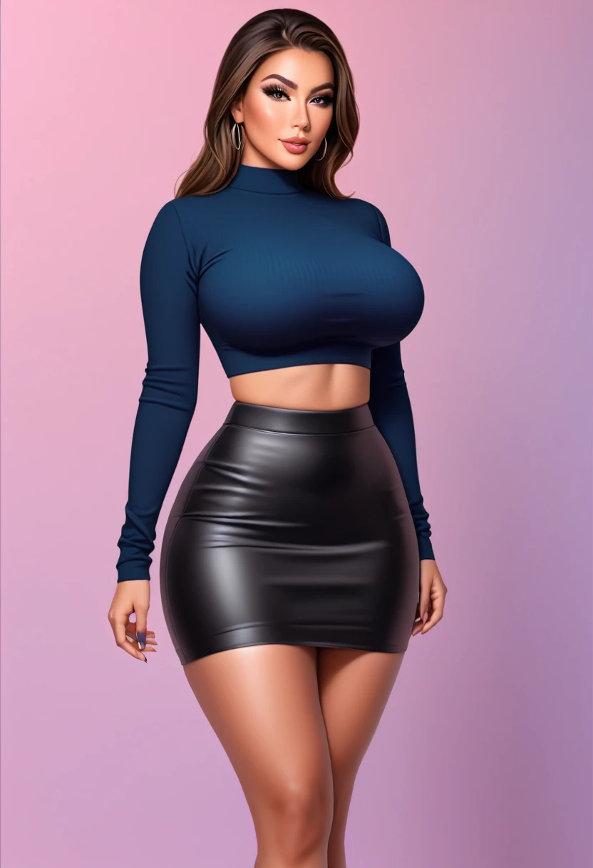 a woman busty and medium thick with crop top with long sleeves and a little black skirt, 8k, thick lengs, full body