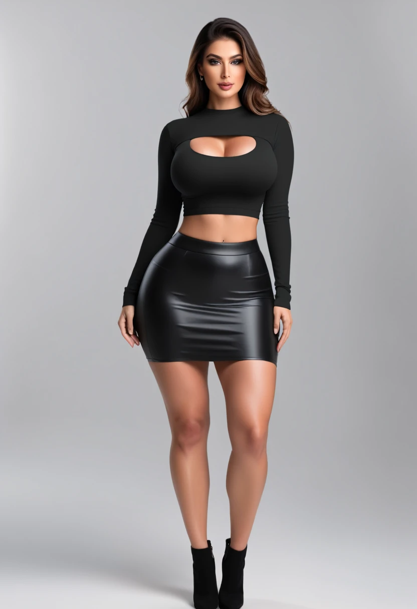 a woman busty and medium thick  with crop top with long sleeves and a little black skirt, 8k, thick lengs, full body