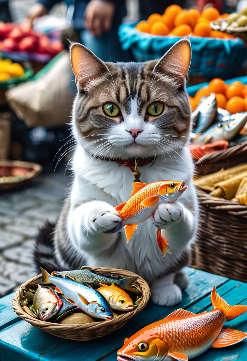 imag of offering money to a cat holding fish, 8k, ultra detailed, at the market