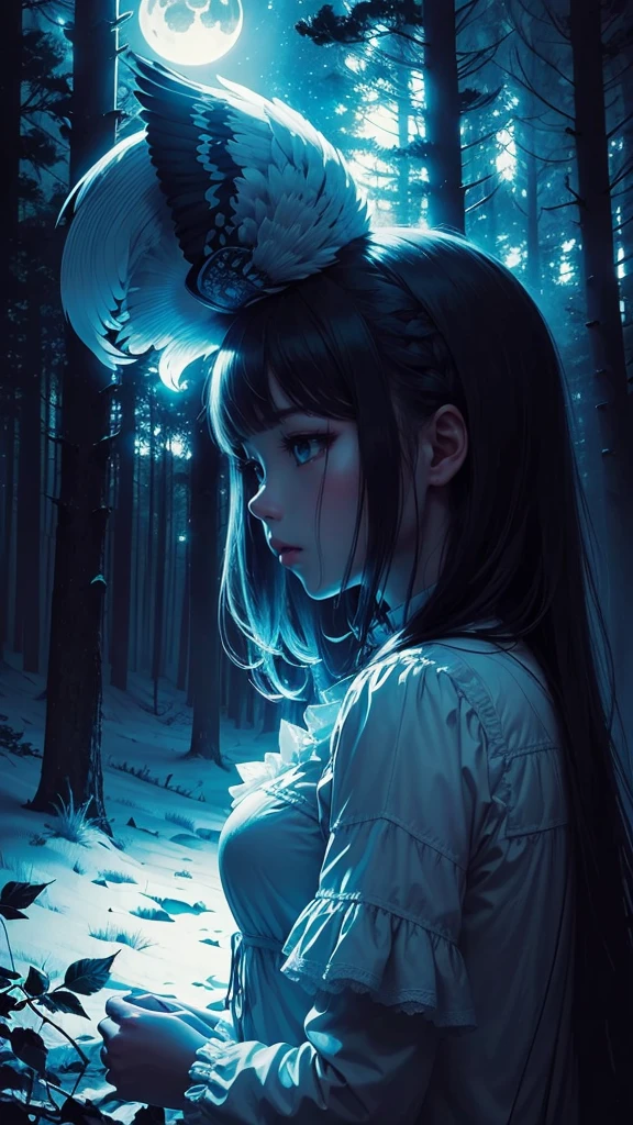 ((masterpiece)),((Highest quality)),((Lots of details)),((Realistic feel)), ((look up)), Pitch Black, night, Deep in the forest, Moonlight shines, ((Cool blue shade)), White Owl incarnation, Perfect girl silhouette, Sharp focus, High Sky, Dim and dim, High Contrast