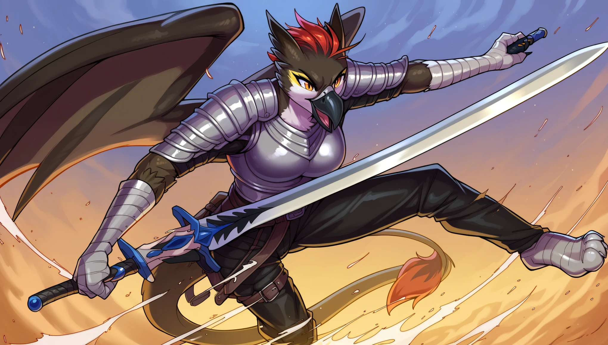 score_9_up, ((adult)), (gryphon:1.2), (solo, female, dragon scales, black scales), with Center parted shoulder length hairstyle, (wearing military armor, pants), (holding weapon, sword), action pose, show legs, scene background