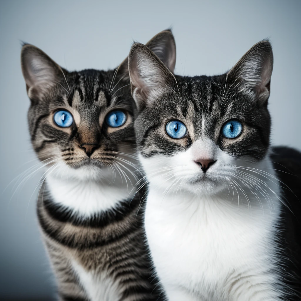 cinematic film still of  bright light, bright, two Cat with blue eyes looking at the camera High-key lighting Style,alone,View your viewers,Simple Background,Monochrome,grayscale,No humans,animal,watermark,Border,Cat,elongated pupils,Web address,close,Realistic,animal focus,Beard, Shallow depth of field, Vignette, Very detailed, High budget, Bokeh, CinemaScope, Sulky, amazing, nice, Film Grain, granular