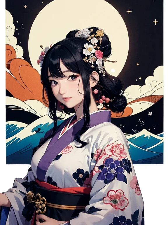 (Highest quality、masterpiece、High resolution、8K)、Ukiyo-e、Vibrant colors、Katsushika Hokusai、1 female、Black hair Japanese topknot、whole body、The kimono has a vivid floral pattern on a white background.、Official Art、背景はUkiyo-e風、White waves and Mt. Fuji、Flowers and Moon、White waves and the moon