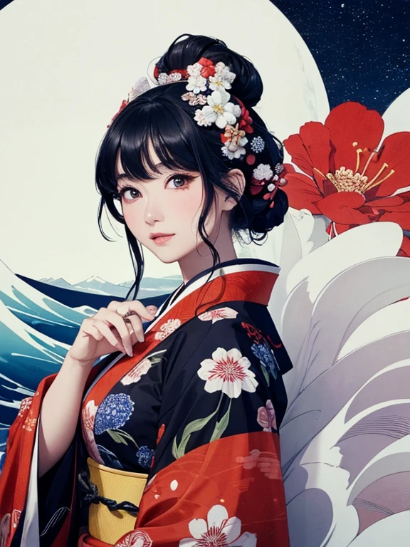 (Highest quality、masterpiece、High resolution、8K)、Ukiyo-e、Vibrant colors、Katsushika Hokusai、1 female、Black hair Japanese topknot、whole body、The kimono has a vivid floral pattern on a white background.、Official Art、背景はUkiyo-e風、White waves and Mt. Fuji、Flowers and Moon、White waves and the moon