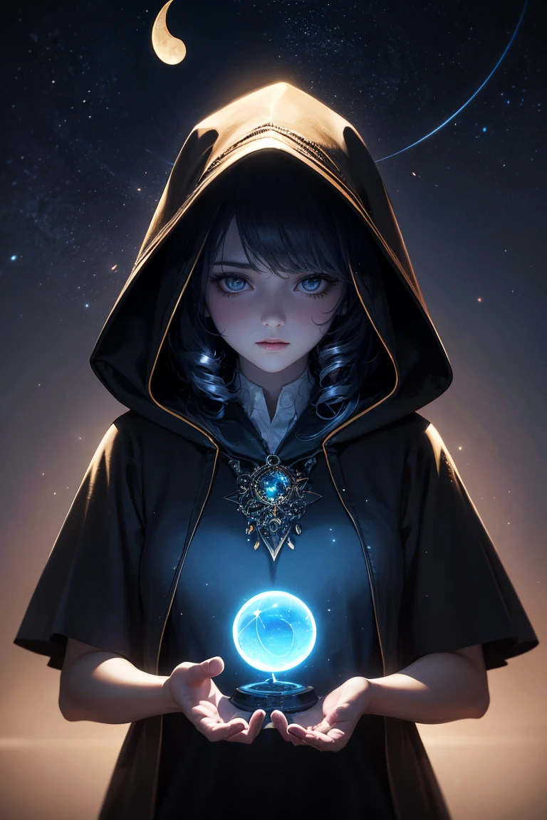 astrologer, 1girl,  hooded cloak, occult symbols, mysterious aura, crescent moon, glowing crystal ball, ethereal lighting, fantasy landscape, mist, deep jewel-toned colors, cinematic lighting, dramatic shadows,  dramatic, mystical, intricate details