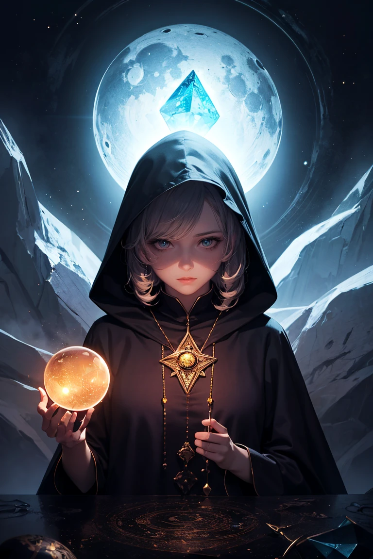 astrologer, 1girl, hooded cloak, occult symbols, mysterious aura, crescent moon, glowing crystal ball, ethereal lighting, fantasy landscape, mist, deep jewel-toned colors, cinematic lighting, dramatic shadows, dramatic, mystical, intricate details