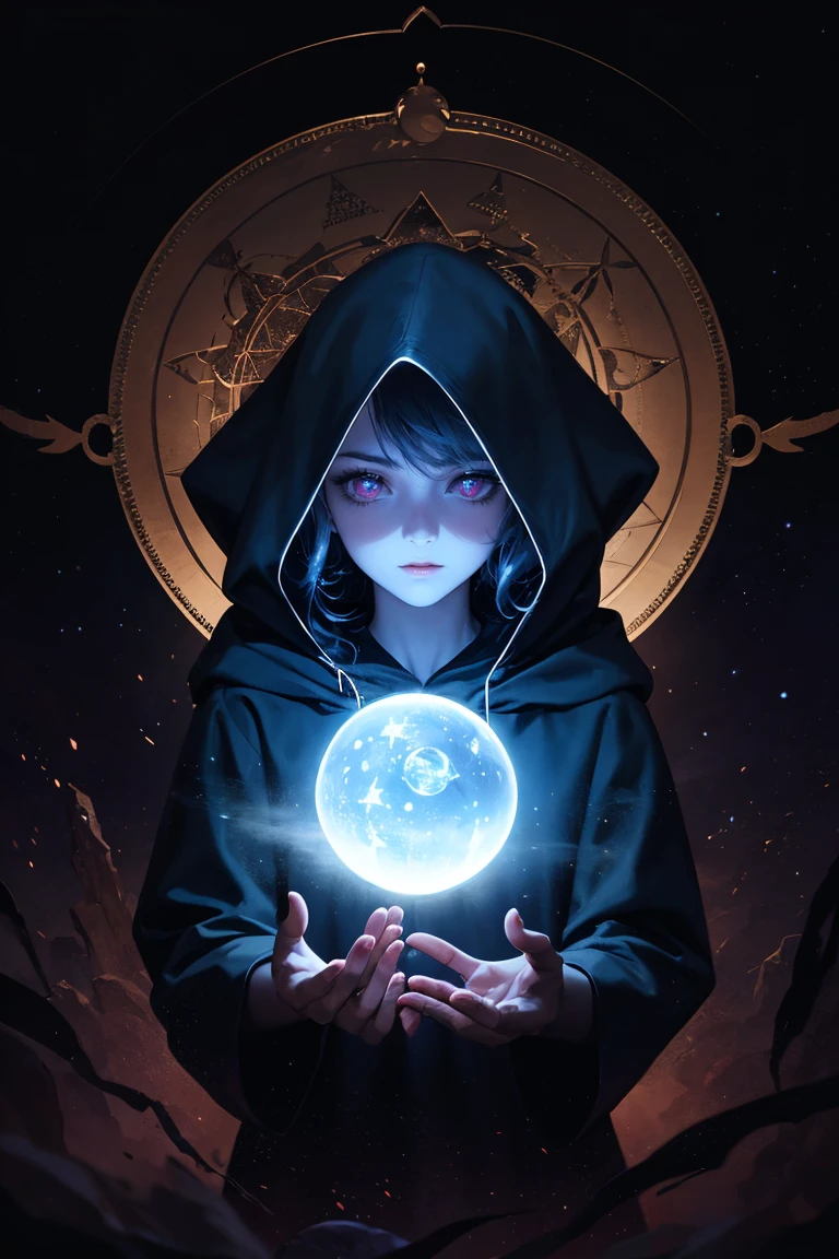 astrologer, 1girl,  hooded cloak, occult symbols, mysterious aura, crescent moon, glowing crystal ball, ethereal lighting, fantasy landscape, mist, deep jewel-toned colors, cinematic lighting, dramatic shadows,  dramatic, mystical, intricate details