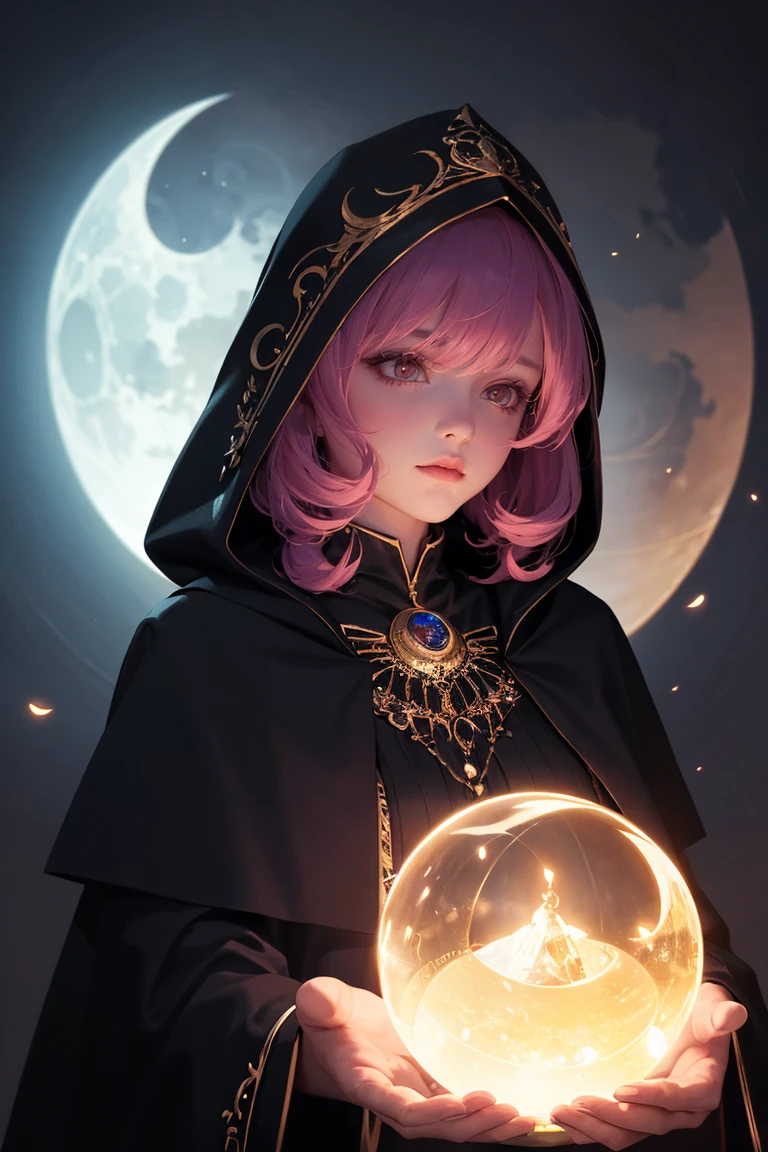 astrologer, 1girl, hooded cloak, occult symbols, mysterious aura, crescent moon, glowing crystal ball, ethereal lighting, fantasy landscape, mist, deep jewel-toned colors, cinematic lighting, dramatic shadows, dramatic, mystical, intricate details