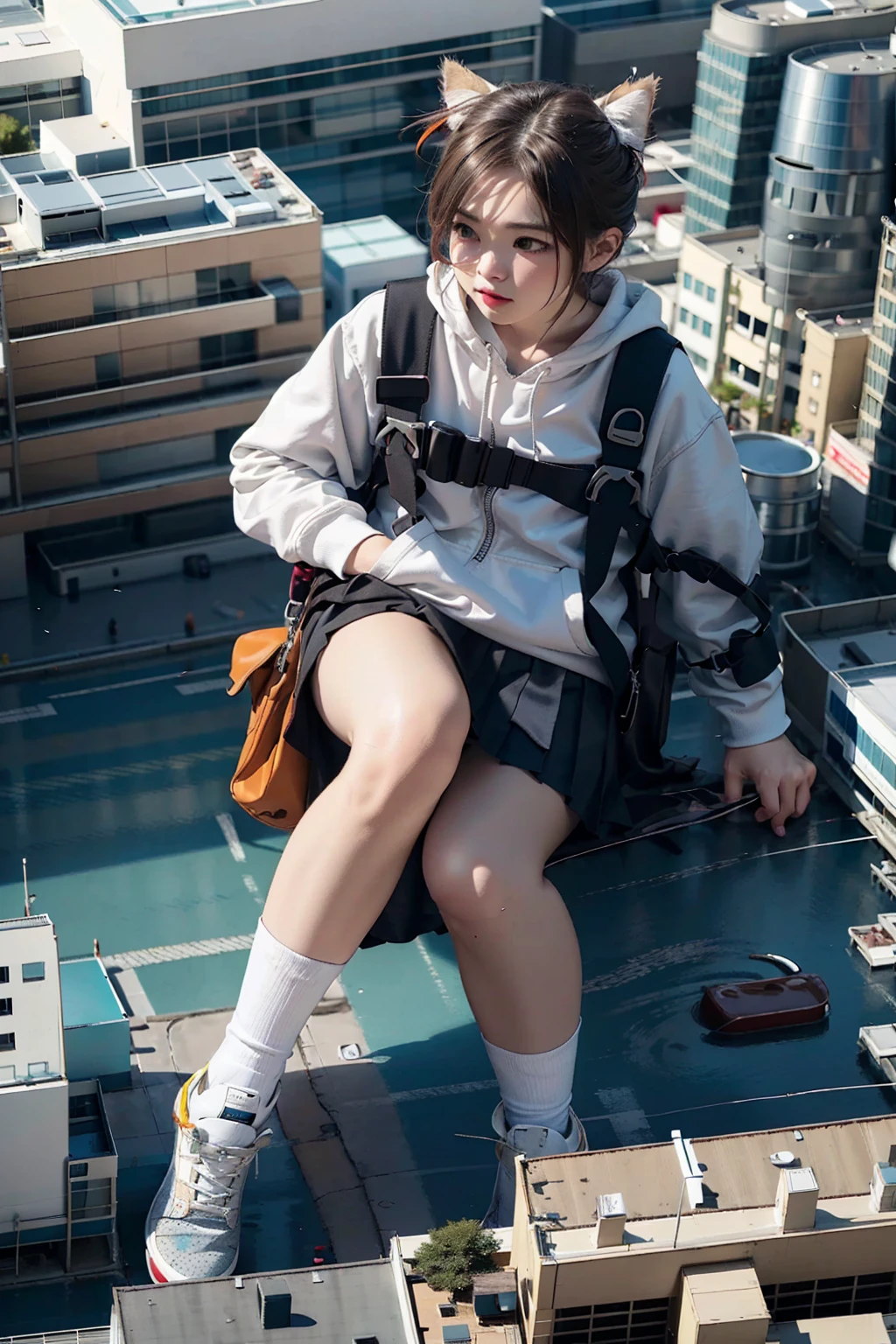 (Highest quality, masterpiece:1.2), pressure, Giant,  aerial photograph, Building Sheet, Make the city smaller, 1女子高校生が超Giant, Depth of written boundary, High resolution, 超High resolution, 8K, Very detailed, Realistic, Sun light, Pleated skirt, Aerial perspective, blue sky, knee skin