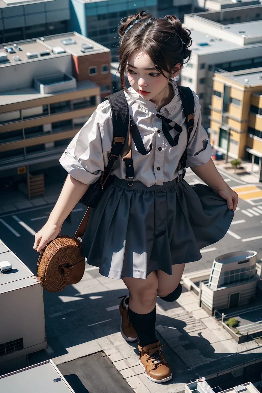 (Highest quality, masterpiece:1.2), pressure, Giant,  aerial photograph, Building Sheet, Make the city smaller, 1女子高校生が超Giant, Depth of written boundary, High resolution, 超High resolution, 8K, Very detailed, Realistic, Sun light, Pleated skirt, Aerial perspective, blue sky, knee skin