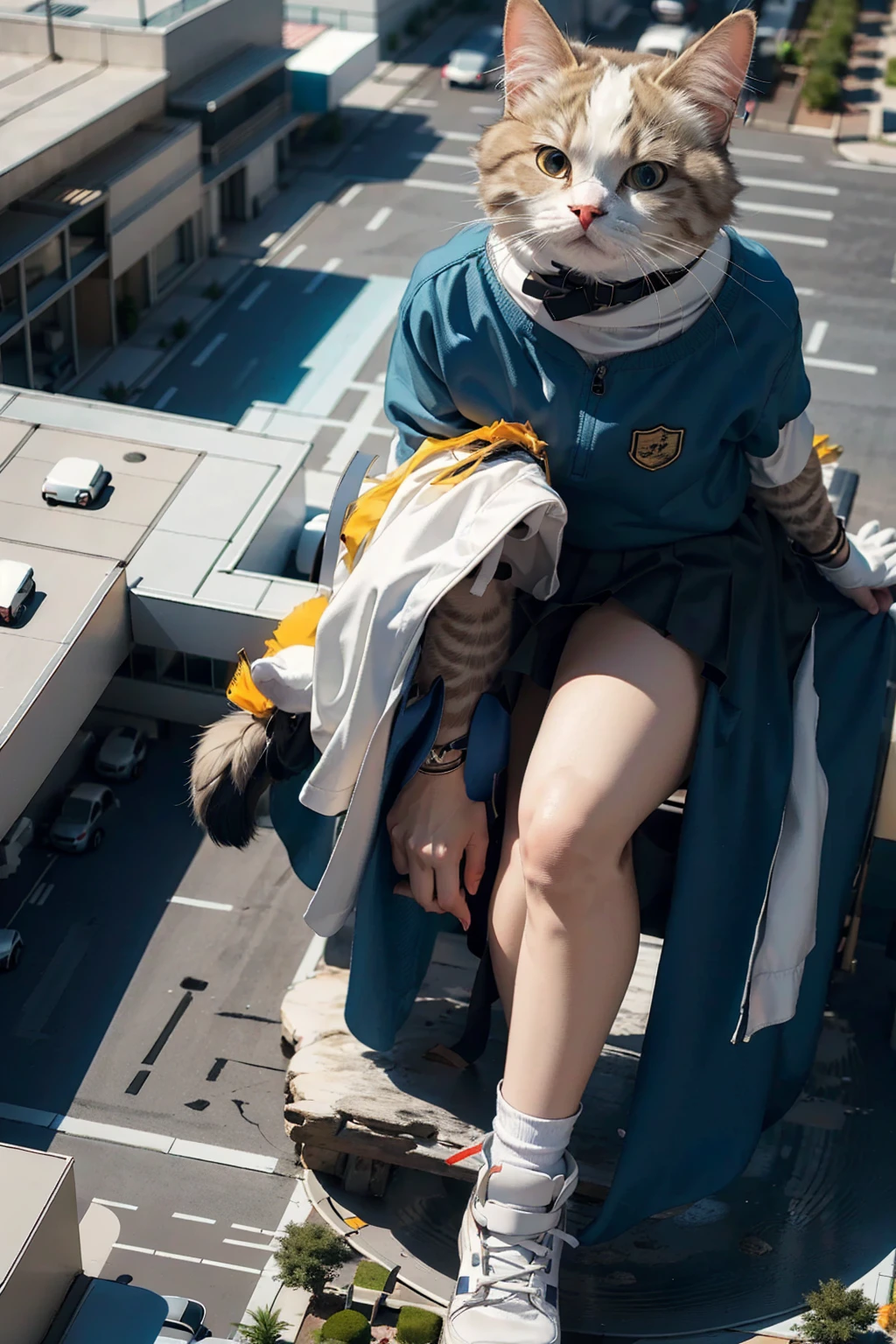 (Highest quality, masterpiece:1.2), pressure, Giant, aerial photograph, Building Sheet, Make the city smaller, 1女子高校生が超Giant, Depth of written boundary, High resolution, 超High resolution, 8K, Very detailed, Realistic, Sun light, Pleated skirt, Aerial perspective, blue sky, knee skin
