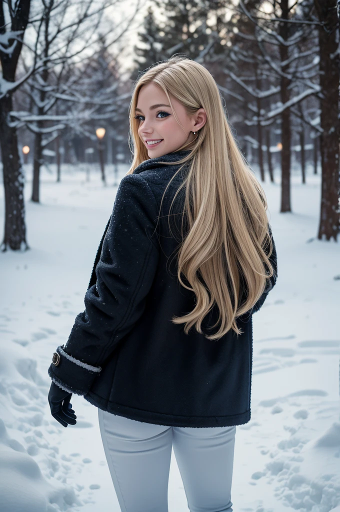 cinematic film still, w3tlegg3ng, best quality, masterpiece, photorealistic, ultrarealistic, professional photograph shot, photograph of 1girl, solo, long hair, looking at viewer, smile, open mouth, teeth, blue eyes, blonde hair, gloves, long sleeves, jewelry, standing, jacket, ass, earrings, outdoors, , day, looking back, from behind, tree, snow, hand on own ass, mittens, winter, photo background, shallow depth of field, vignette, highly detailed, high budget Hollywood movie, bokeh, cinemascope, moody, epic, gorgeous, film grain, grainy