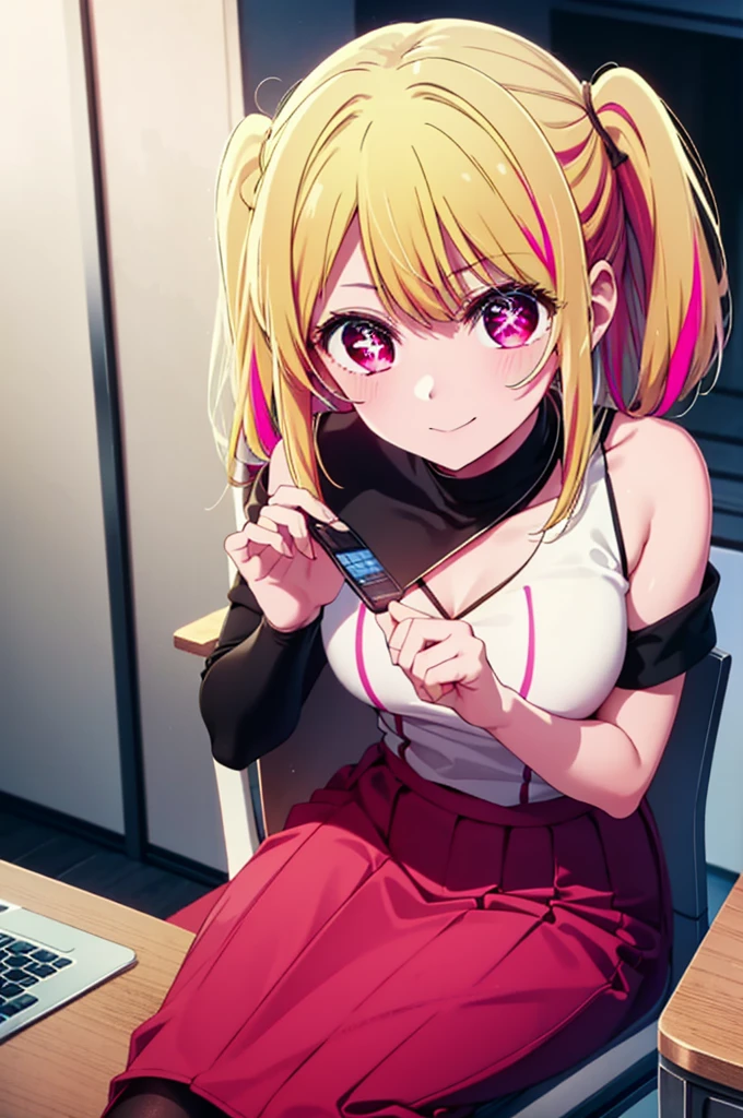 rubyhoshino, Hoshino Ruby, Long Hair, bangs, Blonde, (Pink Eyes:1.3), (Symbol-shaped pupil:1.5), Multicolored Hair, Two-tone hair, happy smile, smile, Close your mouth,
break, Cold Shoulder Shirt,Short sleeve,Long skirt,Black pantyhose,Stiletto heels,There is a computer on the table,sitting cross-legged on a chair,Are standing,interior,whole bodyがイラストに入るように,Daytime,Clear skies,Peeking from above,
break indoors, office,
break looking at viewer, whole body,
break (masterpiece:1.2), Highest quality, High resolution, unity 8k wallpaper, (figure:0.8), (Beautiful attention to detail:1.6), Highly detailed face, Perfect lighting, Highly detailed CG, (Perfect hands, Perfect Anatomy),