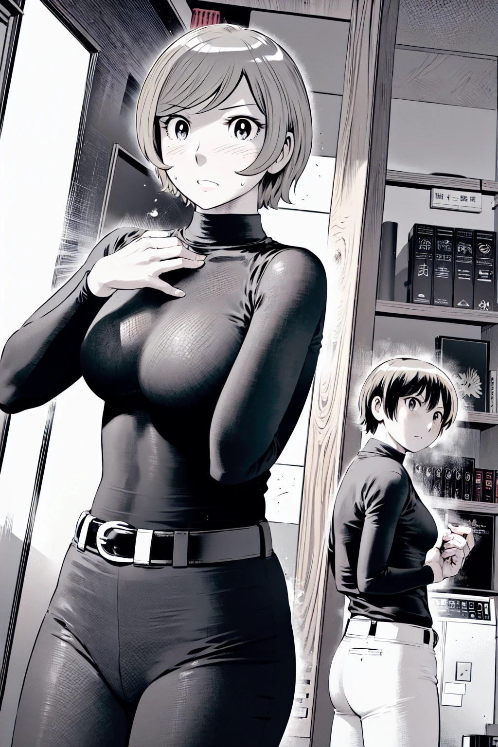 、(masterpiece、Highest quality)、Highest quality, Ultra-high resolution, (((masterpiece))), alone, Sweat、Big eyes,Tight black shirt、Tight white pants、belt、indoor、Composition from the front、(Cut the back hair short、short hair、blonde、woman)、Shortcuts、Embarrassed face、Cut your hair short、可愛いwomanの子、Big Breasts、office