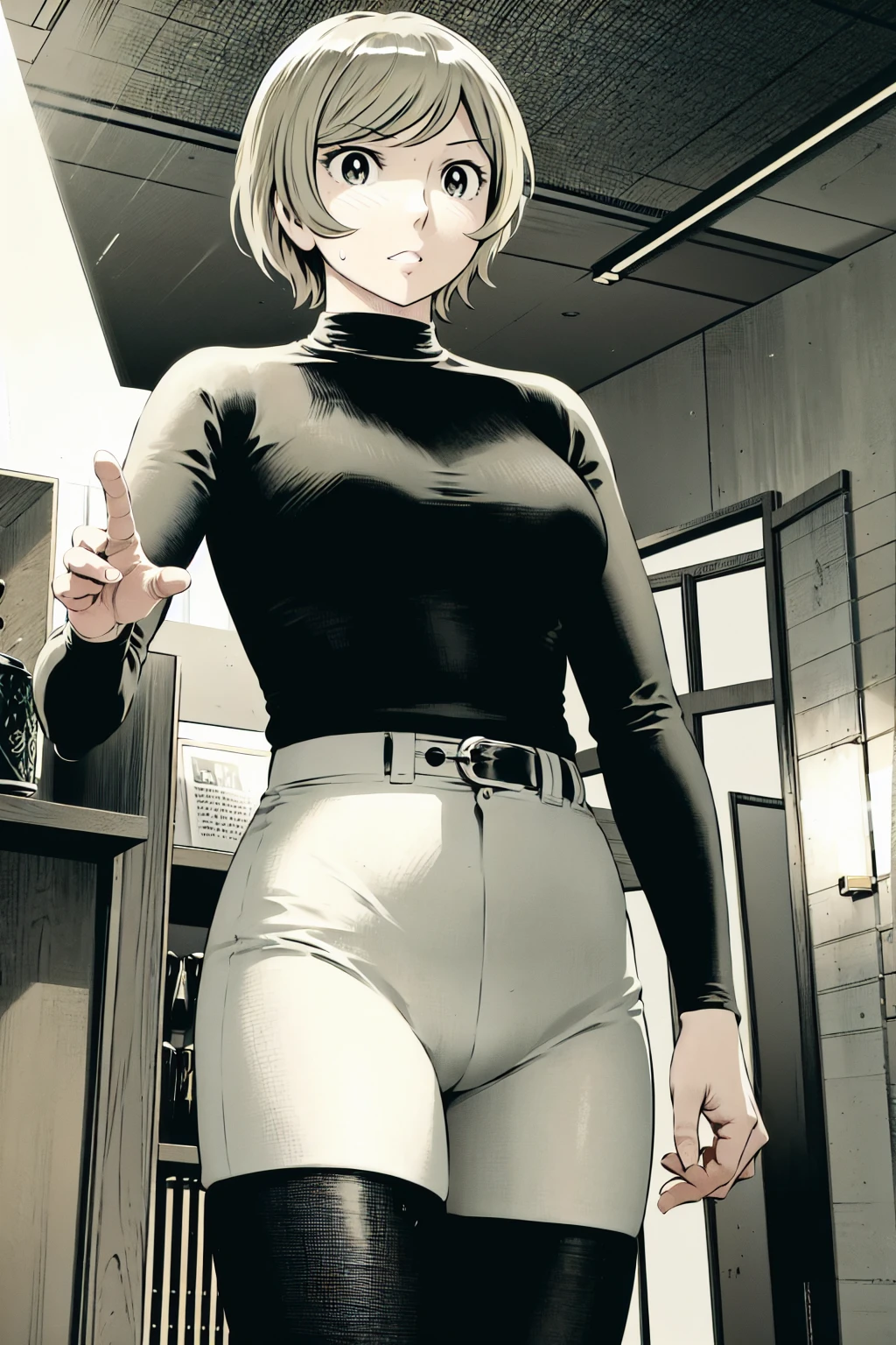 、(masterpiece、Highest quality)、Highest quality, Ultra-high resolution, (((masterpiece))), alone, Sweat、Big eyes,Tight black shirt、Tight white pants、belt、indoor、Composition from the front、(Cut the back hair short、short hair、blonde、woman)、Shortcuts、Embarrassed face、Cut your hair short、可愛いwomanの子、Big Breasts、office