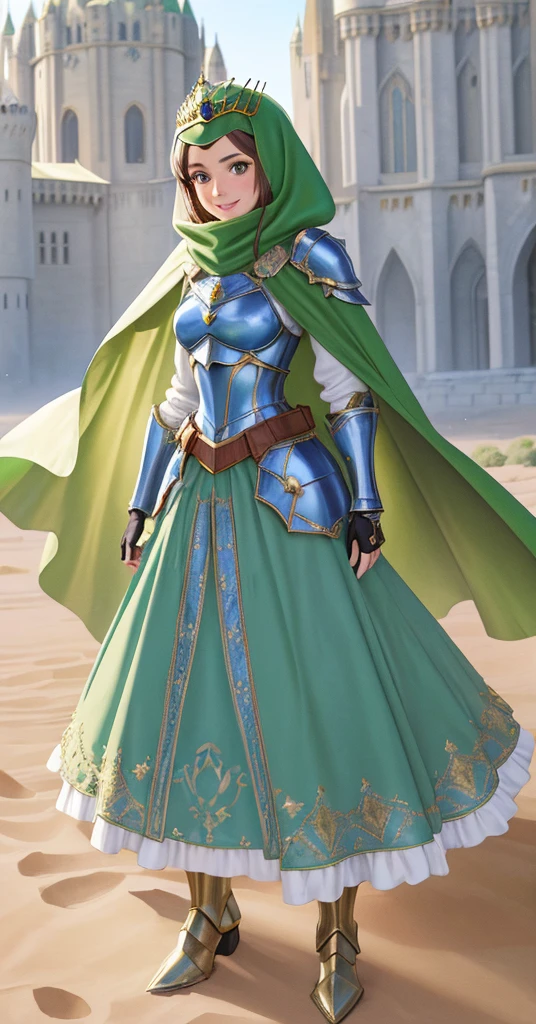 masterpiece, best quality:1.2), 1girl, smile, looking at viewer, green eyes, short brown hair, princess, armor, blue hijab headscarf, pauldrons, armored dress, green cloak cape, wearing puffy blue ballgown skirt, golden tiara with green gem, armored boots, fingerless gloves, standing in front of desert castle