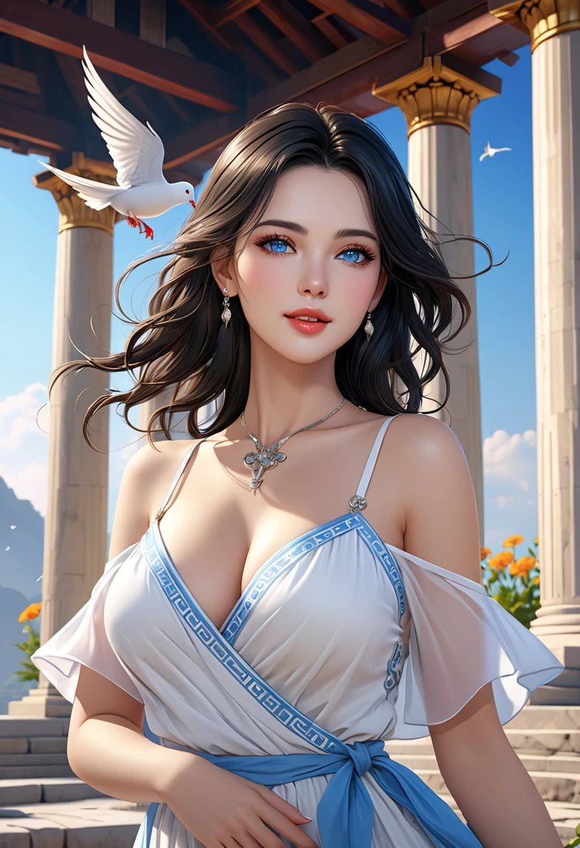 (Highest quality,Very detailed,High resolution,masterpiece,8K),Bright and vibrant colors,Official artwork,Greek white dress,Stylish makeup,Mid length, Shiny black hair fluttering in the wind,Captivating eyes,Glossy Lips,Beautiful woman with ample breasts,Beautiful neckline, (Pale blue eyes),Holding,Captivating smile,whole body,Solemn atmosphere,Old temple,flower,pigeon,,Detailed CG,