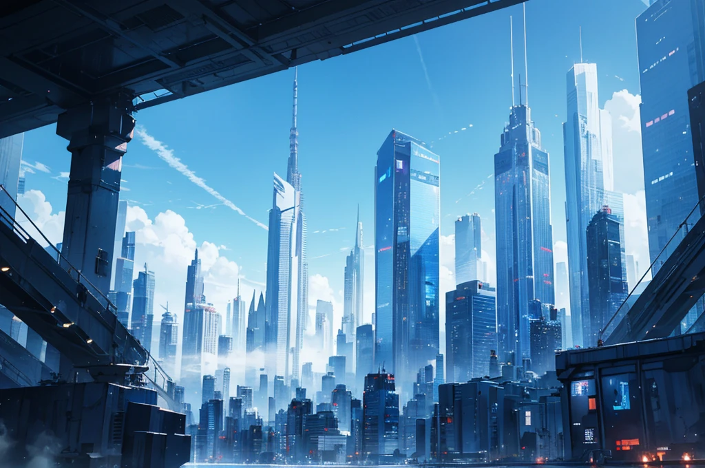futuristic city, skyscraper, blue theme, blue light, HDR, 4k resolution, landscape