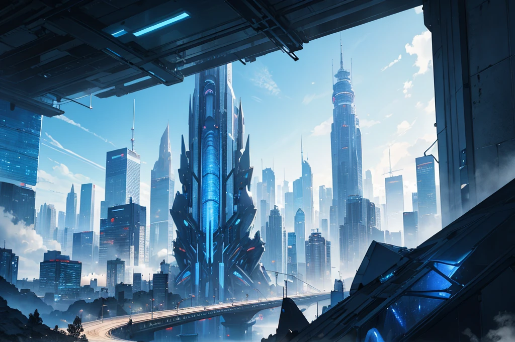 futuristic city, skyscraper, blue theme, blue light, HDR, 4k resolution, landscape