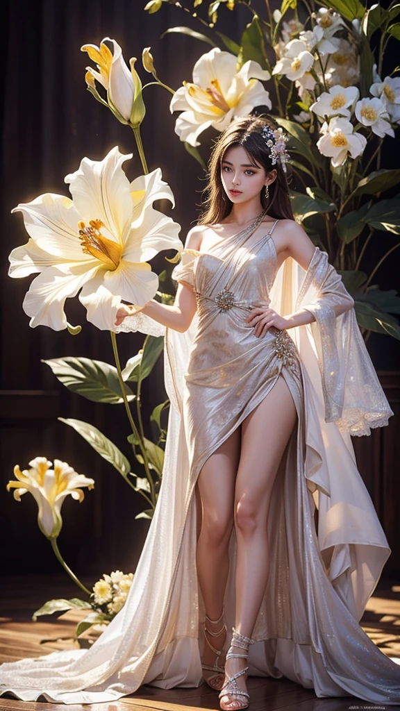 Full figure, 1 girl, -clinging shooting, 18 years old, white firefly clothes, strap clothes, glowing clothes, ornaments, exquisite faces, details, hands, ultimate details, amazing magnificence, Pedaipan style, fiber hair, glowing white iris, ((glowing flower)), knee short,