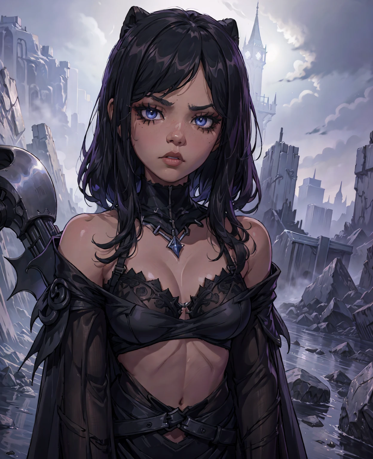 Jenna ortega as reaper, fantasy character, detailed face and portrait, dark and moody atmosphere, dramatic lighting, digital painting, beautiful detailed eyes, beautiful detailed lips, extremely detailed eyes and face, long eyelashes, black hooded robe, scythe weapon, mysterious expression, dramatic shadows, moody color palette, cinematic composition, 8k, hyper realistic, masterpiece, intricate details, chiaroscuro lighting