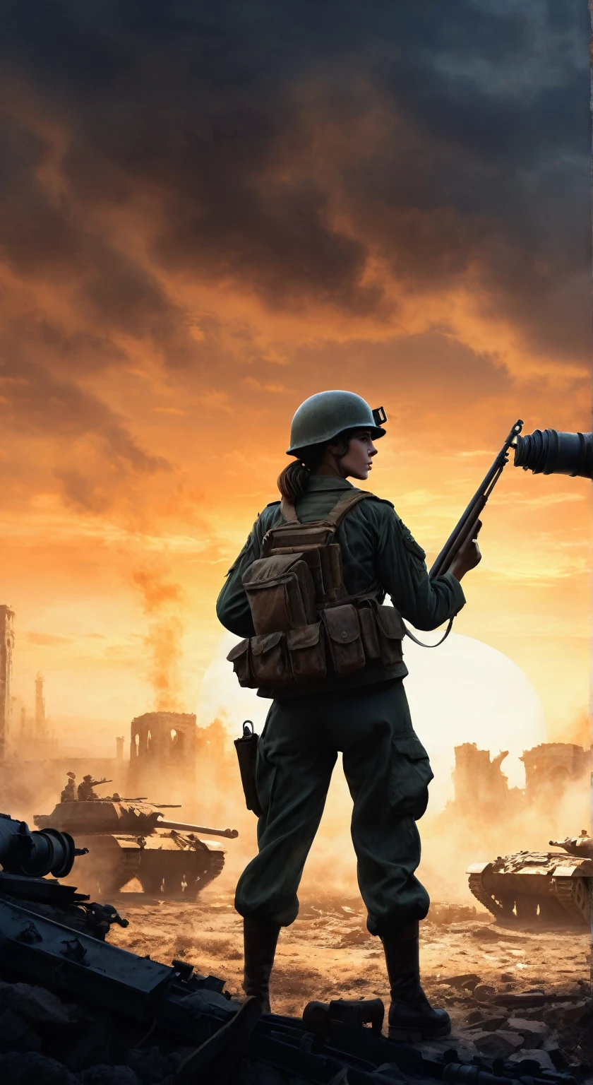 （A female soldier stands on the left and touches the tank gun barrel，Saying goodbye，Background is the ruins of the city，Under the sunset：1.5）painting masterpiece, Extremely detailed, Black White Dark Steel Dark Blue Black Light Brown Dark Brown White Light Orange Dark Red Dark Green, Dramatic Lighting, evening, High contrast, steam, FOG, Israeli soldiers fighting with tanks on the battlefield, Movie Lighting, Aspect ratio of 16:9, steam, 4K, professional ominous Concept Art, author：artgerm and greg rutkowski, complex, elegant, Highly detailed digital painting, Concept Art, Smooth, Clear focus, illustration, Simon Starenhagen&#39;s style, Wayne Barlow, 和 igor kieryluk., Acrylic painting, Popular in pixiv Fan Box, Palette knife and brush strokes, Makoto Shinkai&#39;s styleJamie WiseJames GirardEdward HopperGreg RutkowskiStudio GhibliGenshin Impact
