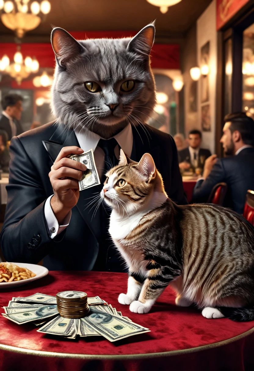 imag of offering money to a cat holding a guy, 8k, ultra detailed, mafia, italian restaurant 