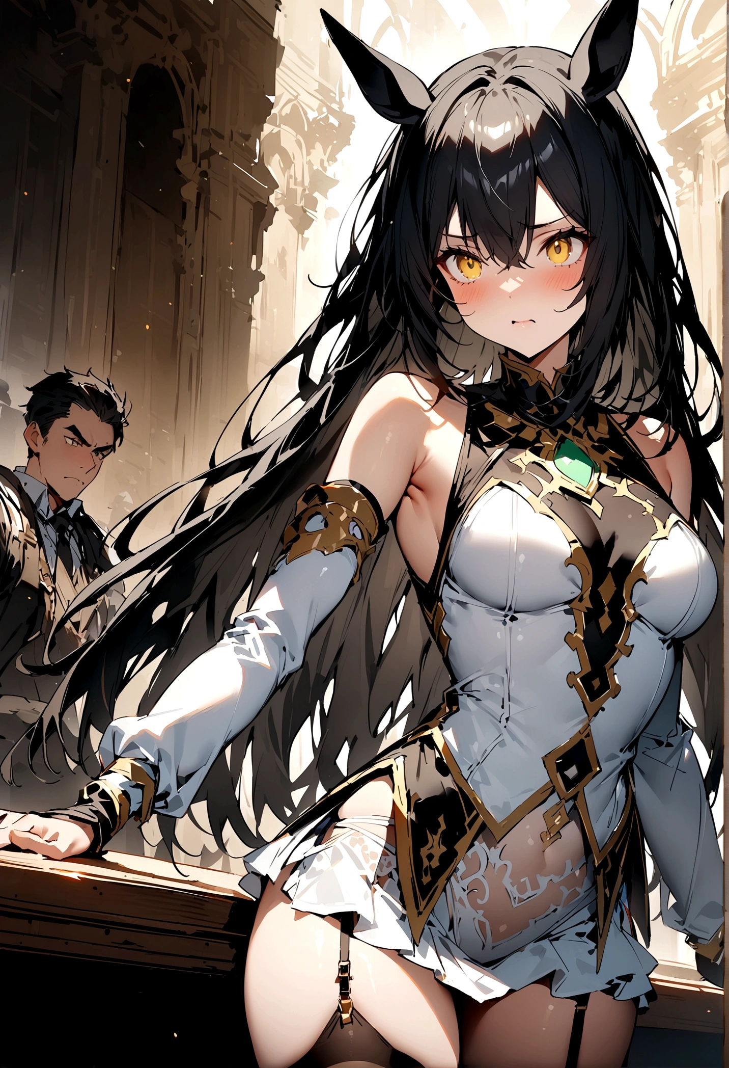 Browsing Caution,masterpiece,Highest quality,High resolution,Very detailed,One girl, Manhattan Cafe \(Horse Girl\)、Yellow Eyes、Black Hair、Long Hair、 Long Bangs、 Horse ears、White leotard,High Leg,Removable sleeves,Micro Mini Skirt,garter belt,Adventurer'guild,Reception counter,Embarrassing,A look of expectation(Men with strong faces),Surrender