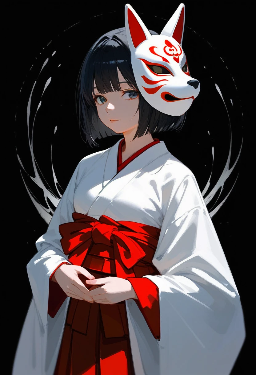 score_9, score_8_up, score_7_up, by erere, 1girl, short hair, reverse bob cut, black hair, miko, fox mask, mask on, Japanese clothes, kimono, white kosode, white kimono, red hakama skirt, sleeves past wrists, upper body, black background, simple background, masterpiece, Very aesthetic, best quality, white background