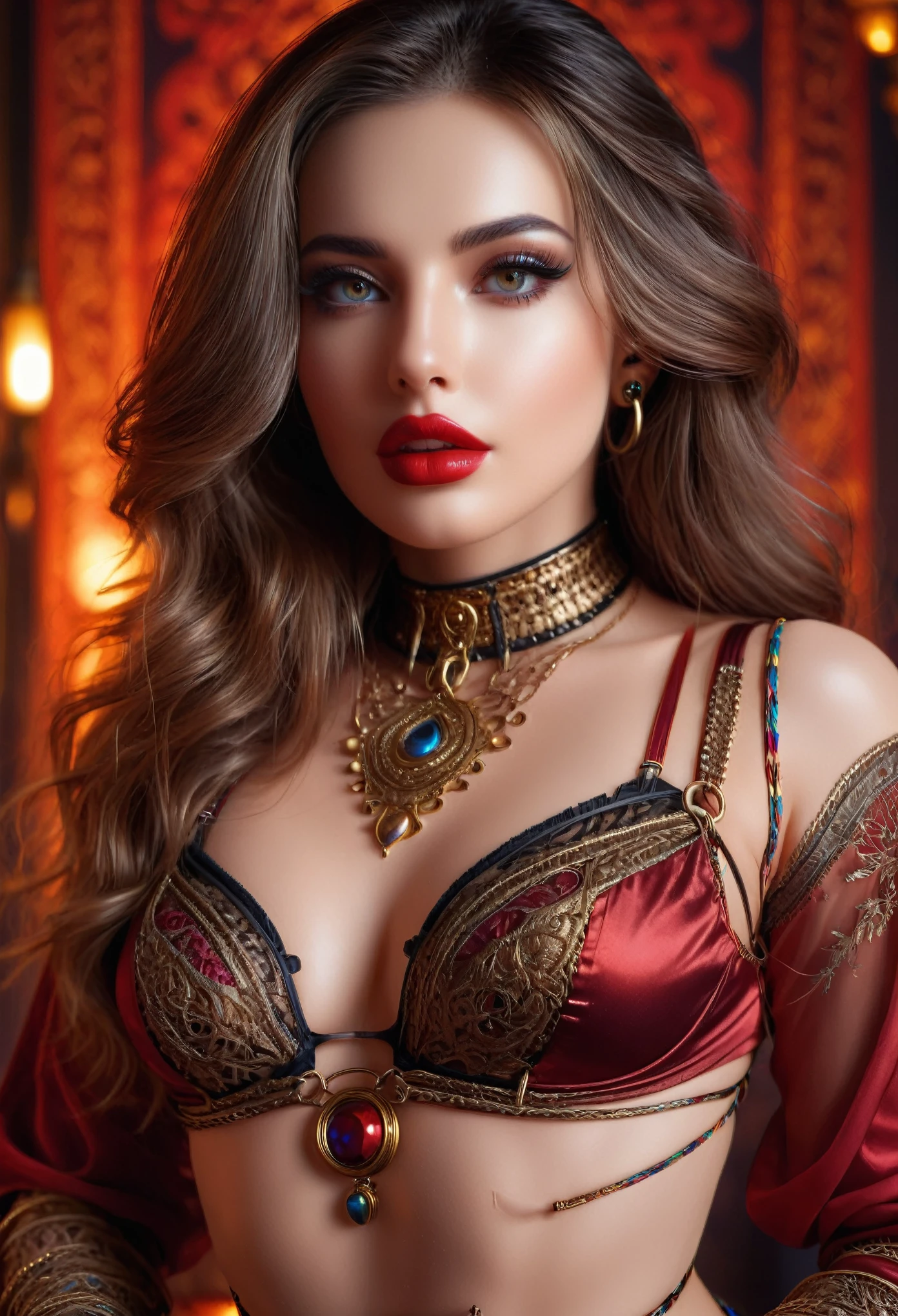 a gorgeous sexy woman Izabela ion, extremely detailed face and eyes, long eyelashes, beautiful detailed lips, intricate elegant armbinder, tight bondage, sensual harem girl attire, highly detailed, photorealistic, 8k, studio lighting, vivid colors, cinematic composition (