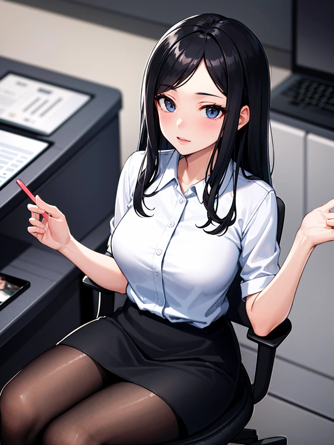 (masterpiece, Highest quality), Transparent white blouse and black office skirt、And the office secretary, a young girl with black hair wearing black pantyhose ,sitting in an office chair, Holding a pencil, (Detailed skin:1.3),(Fine grain), (Sharp focus),