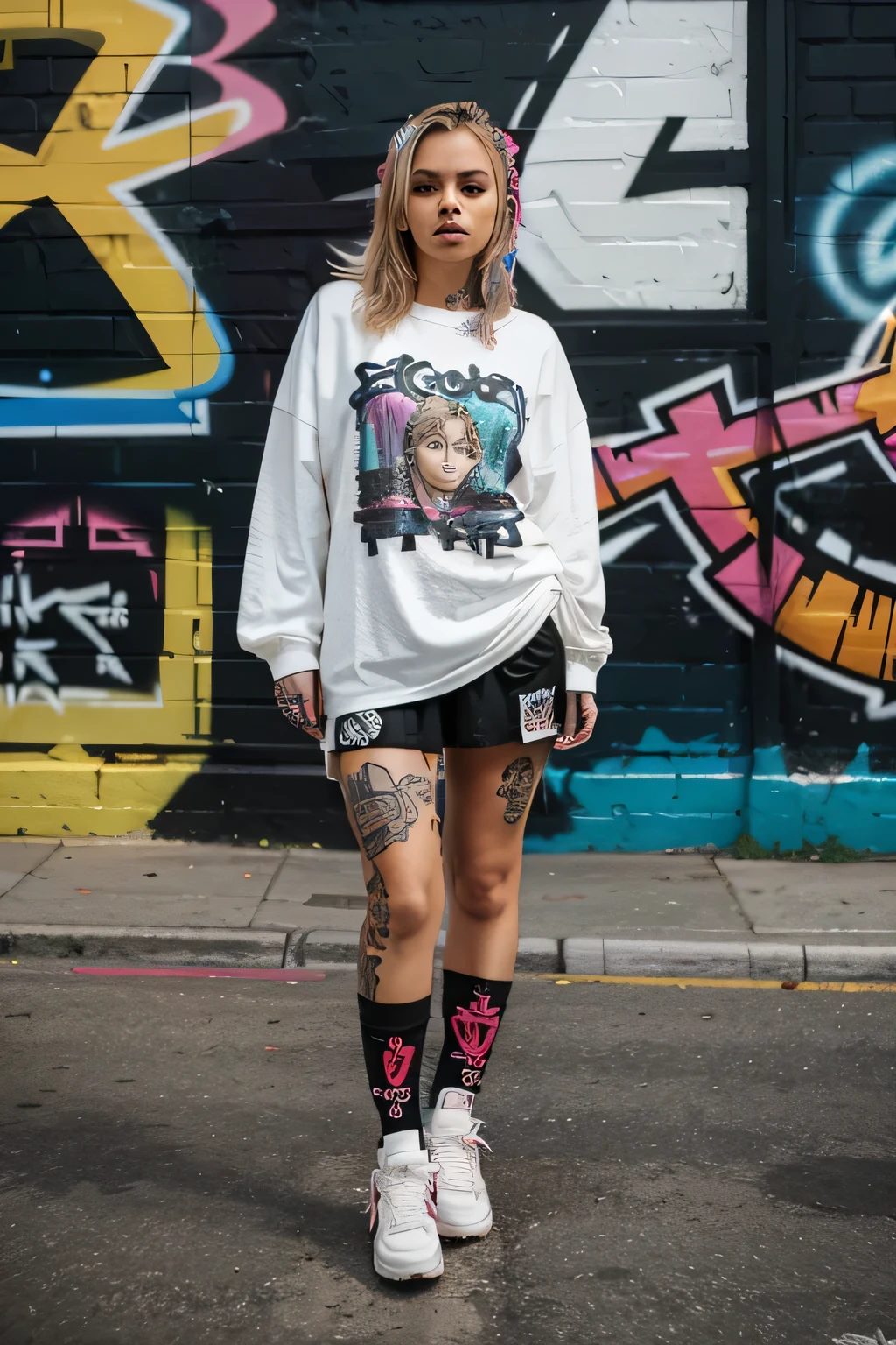 

“Create an urban scene with a person standing in front of a punk-style graffiti wall “The blonde-haired, tattooed Latina girl is wearing an oversized long-sleeved T-shirt and short shoes “The person&#39;s face is hidden by her own hand, which adds a touch of mystery.” “The background is filled with various colorful graffiti designs, including abstract patterns, faces and text.” I hope these prompts help you create an interesting image. If you need more details or any other