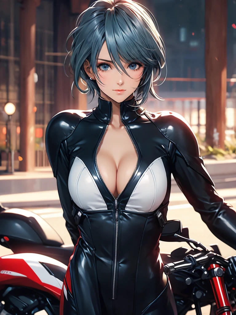 1 Female, Tamaki, short hair, hair between eyes, (detailed eyes:1.3), Rider Suit, cleavage, sport motorcycle,