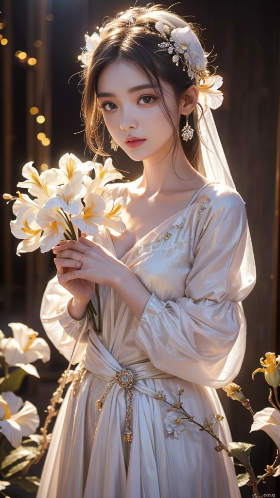 8K, UHD, 1 girl, 18 years old, white firefly clothes, strap clothes, glowing clothes, ornaments, exquisite faces, details, hands, ultimate details, amazing magnificence, Pedaipan style, fiber hair, glowing white iris, ((glowing flower)),