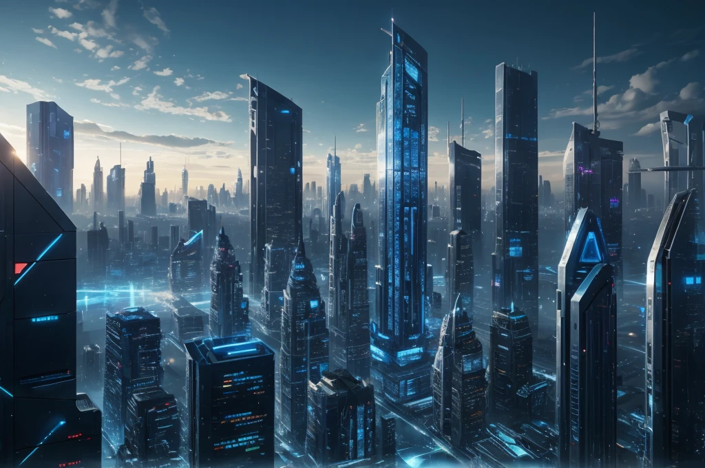 futuristic city, skyscraper, blue theme, blue light, HDR, 4k resolution, landscape