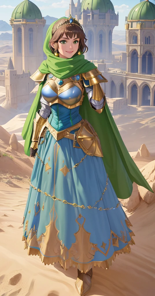 masterpiece, best quality:1.2), 1girl, smile, looking at viewer, green eyes, short brown hair, princess, armor, blue hijab headscarf, pauldrons, armored dress, green cloak cape, wearing puffy blue ballgown skirt, golden tiara with green gem, armored boots, fingerless gloves, standing in front of desert castle