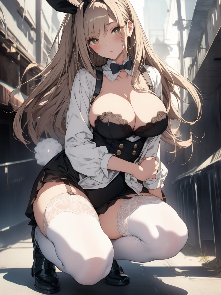 White knee-length stockings,Lace suspenders,Bunny girl,Big Breasts,squat,